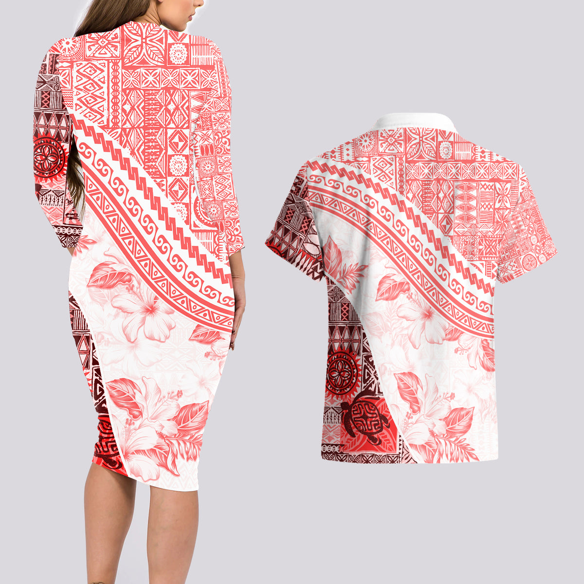 Hawaiian Tapa Couples Matching Long Sleeve Bodycon Dress and Hawaiian Shirt Traditional Vintage Pattern Red LT05 - Polynesian Pride