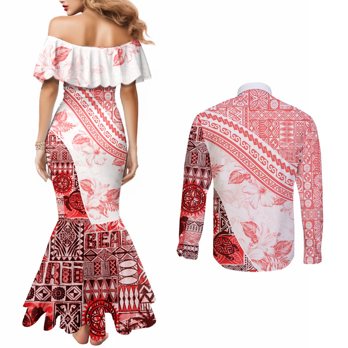 Hawaiian Tapa Couples Matching Mermaid Dress and Long Sleeve Button Shirt Traditional Vintage Pattern Red LT05 - Polynesian Pride