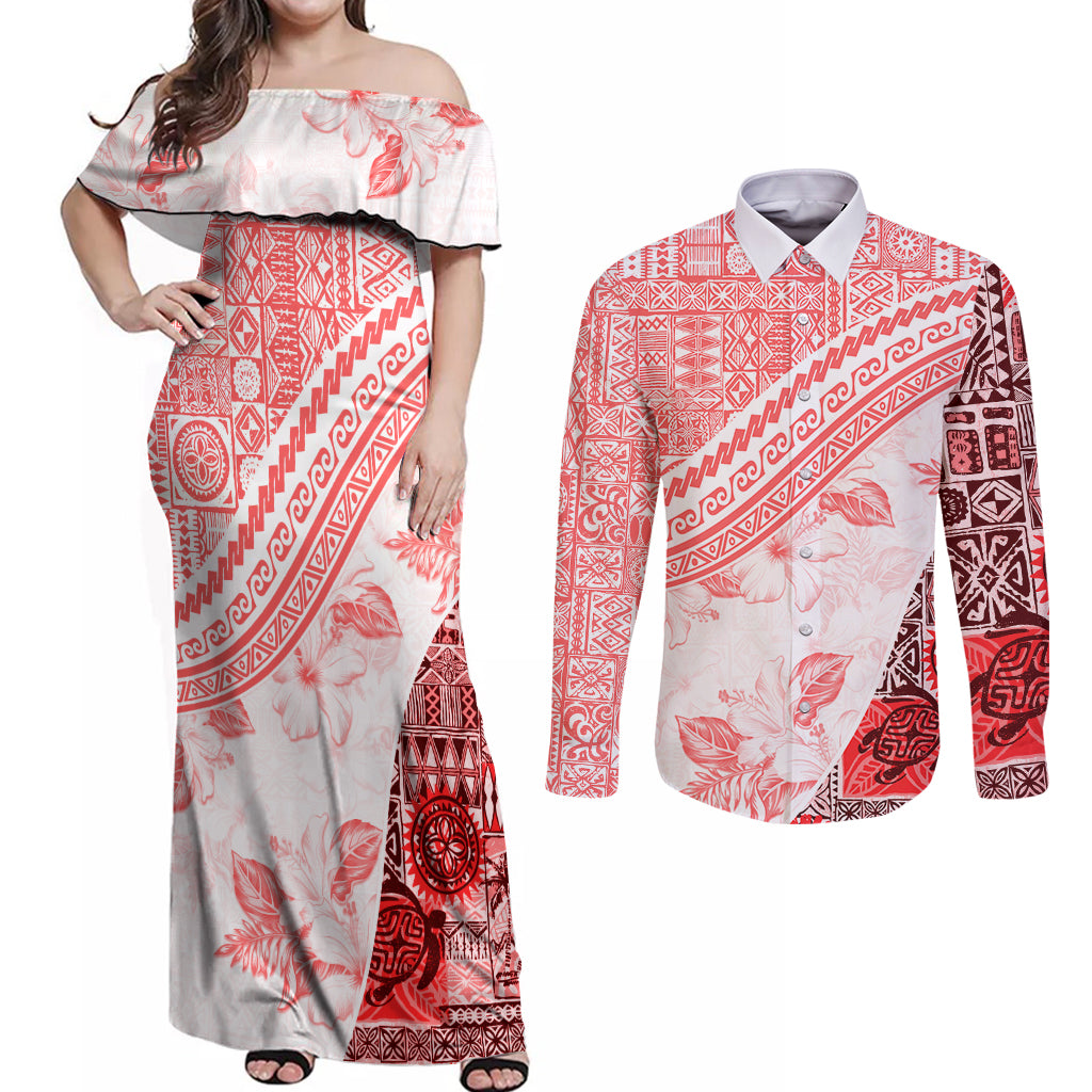 Hawaiian Tapa Couples Matching Off Shoulder Maxi Dress and Long Sleeve Button Shirt Traditional Vintage Pattern Red LT05 Red - Polynesian Pride