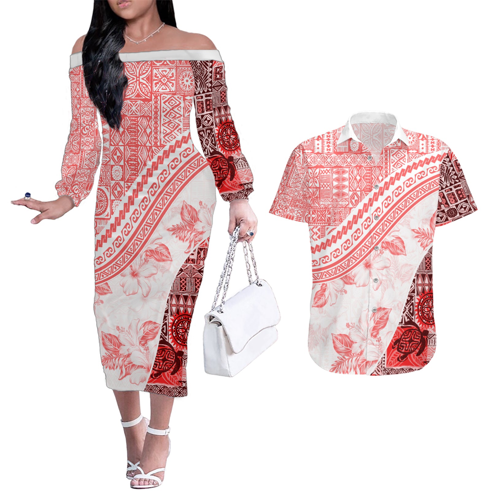 Hawaiian Tapa Couples Matching Off The Shoulder Long Sleeve Dress and Hawaiian Shirt Traditional Vintage Pattern Red LT05 Red - Polynesian Pride