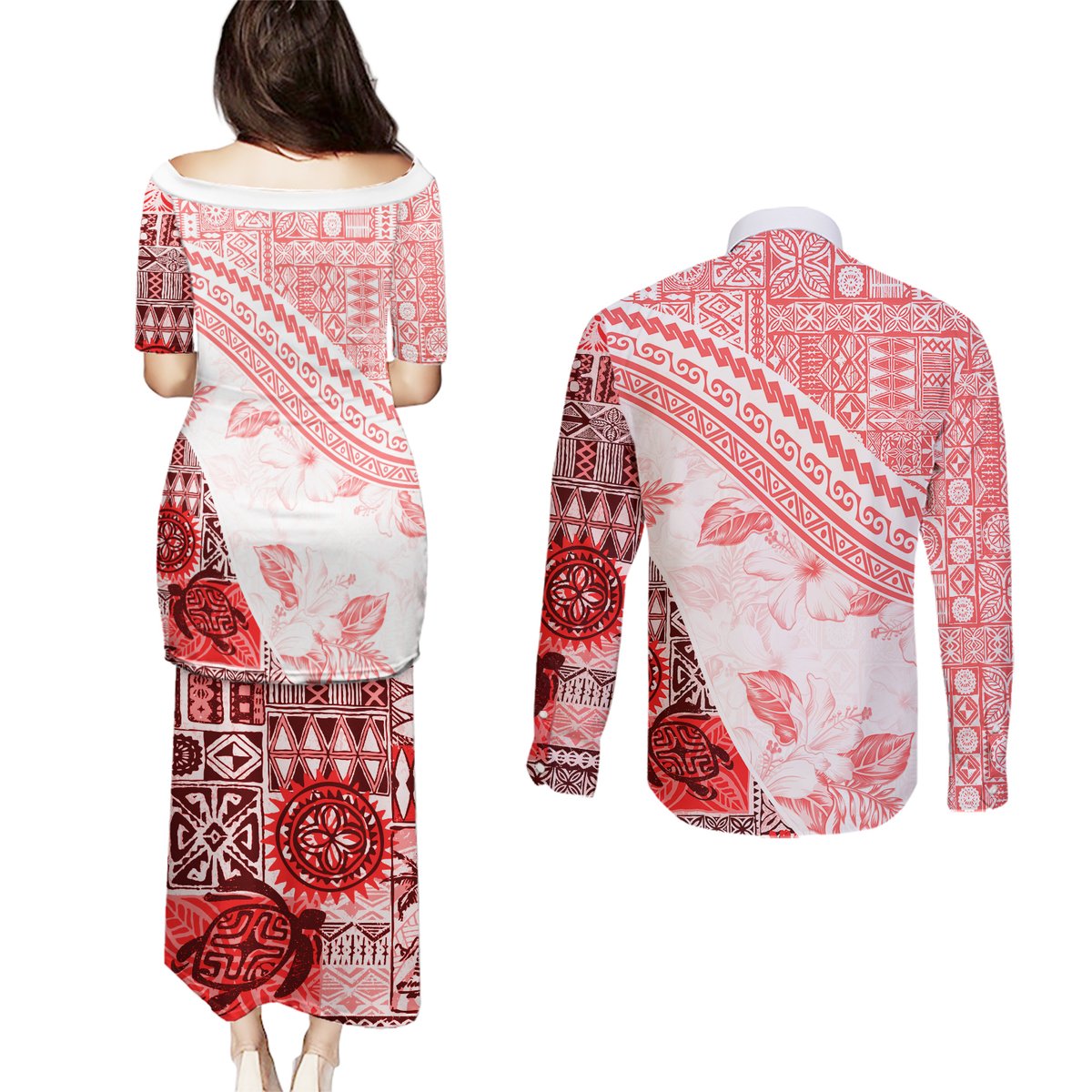 Hawaiian Tapa Couples Matching Puletasi Dress and Long Sleeve Button Shirt Traditional Vintage Pattern Red LT05 - Polynesian Pride