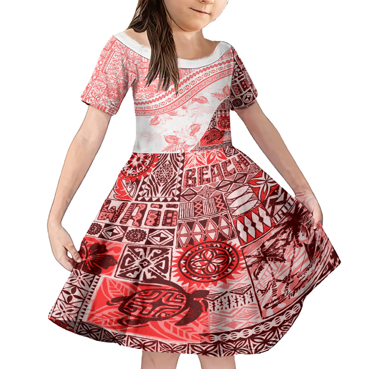 Hawaiian Tapa Family Matching Off Shoulder Long Sleeve Dress and Hawaiian Shirt Traditional Vintage Pattern Red LT05 Daughter's Dress Red - Polynesian Pride