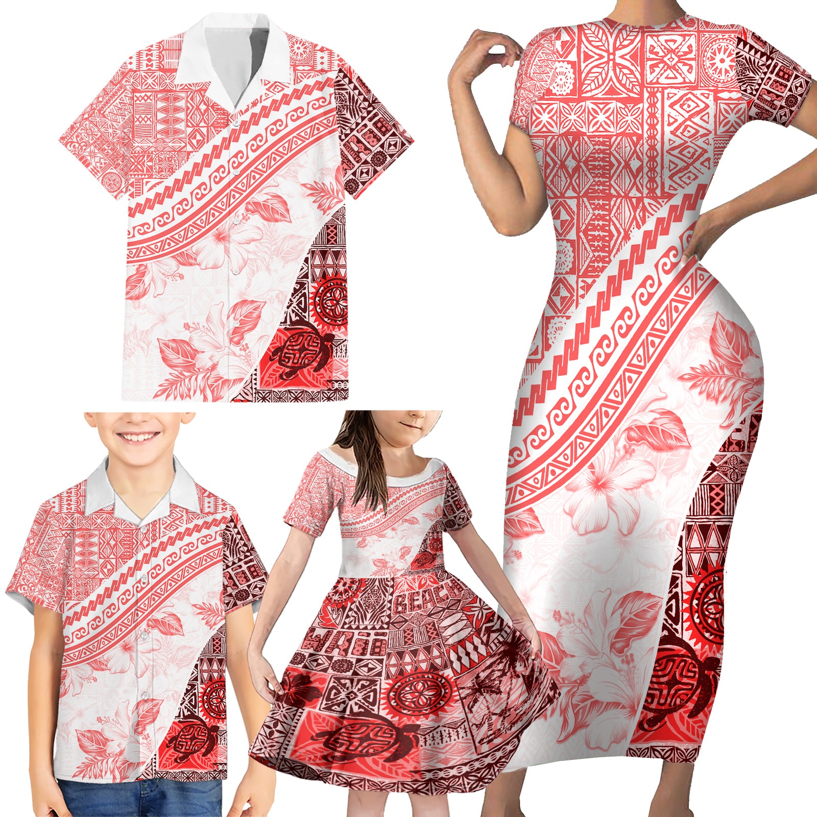 Hawaiian Tapa Family Matching Short Sleeve Bodycon Dress and Hawaiian Shirt Traditional Vintage Pattern Red LT05 - Polynesian Pride