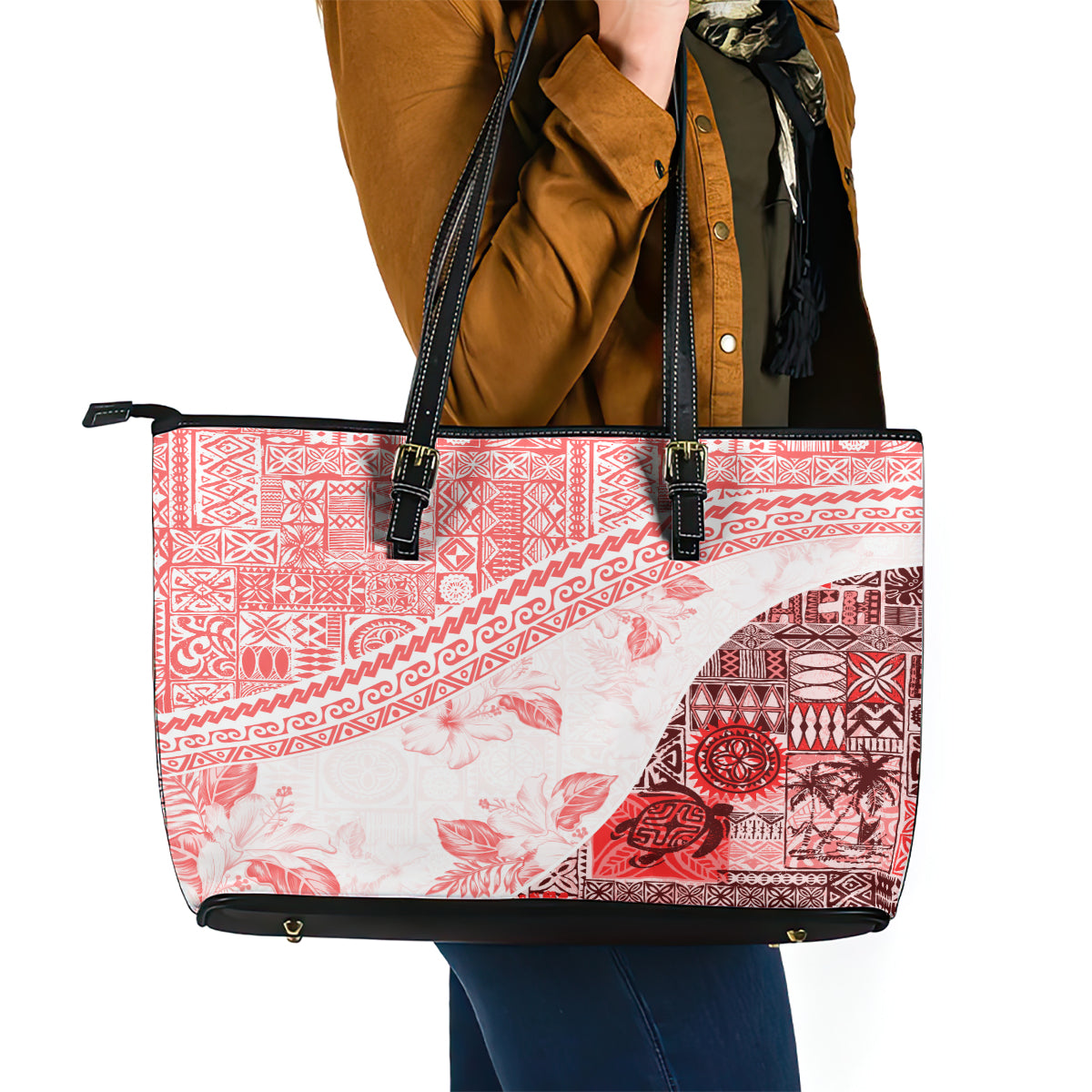 Hawaiian Tapa Leather Tote Bag Traditional Vintage Pattern Red LT05 - Polynesian Pride