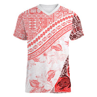 Hawaiian Tapa Women V Neck T Shirt Traditional Vintage Pattern Red LT05 Female Red - Polynesian Pride
