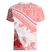 Hawaiian Tapa Women V Neck T Shirt Traditional Vintage Pattern Red LT05 - Polynesian Pride