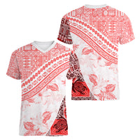 Hawaiian Tapa Women V Neck T Shirt Traditional Vintage Pattern Red LT05 - Polynesian Pride