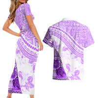 Hawaiian Tapa Couples Matching Short Sleeve Bodycon Dress and Hawaiian Shirt Traditional Vintage Pattern Violet LT05 - Polynesian Pride