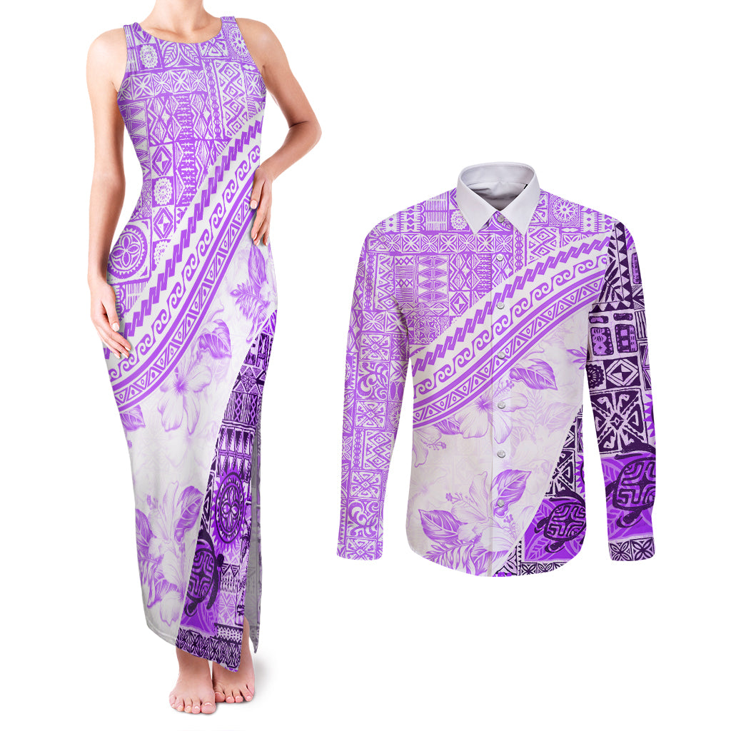 Hawaiian Tapa Couples Matching Tank Maxi Dress and Long Sleeve Button Shirt Traditional Vintage Pattern Violet LT05 Violet - Polynesian Pride
