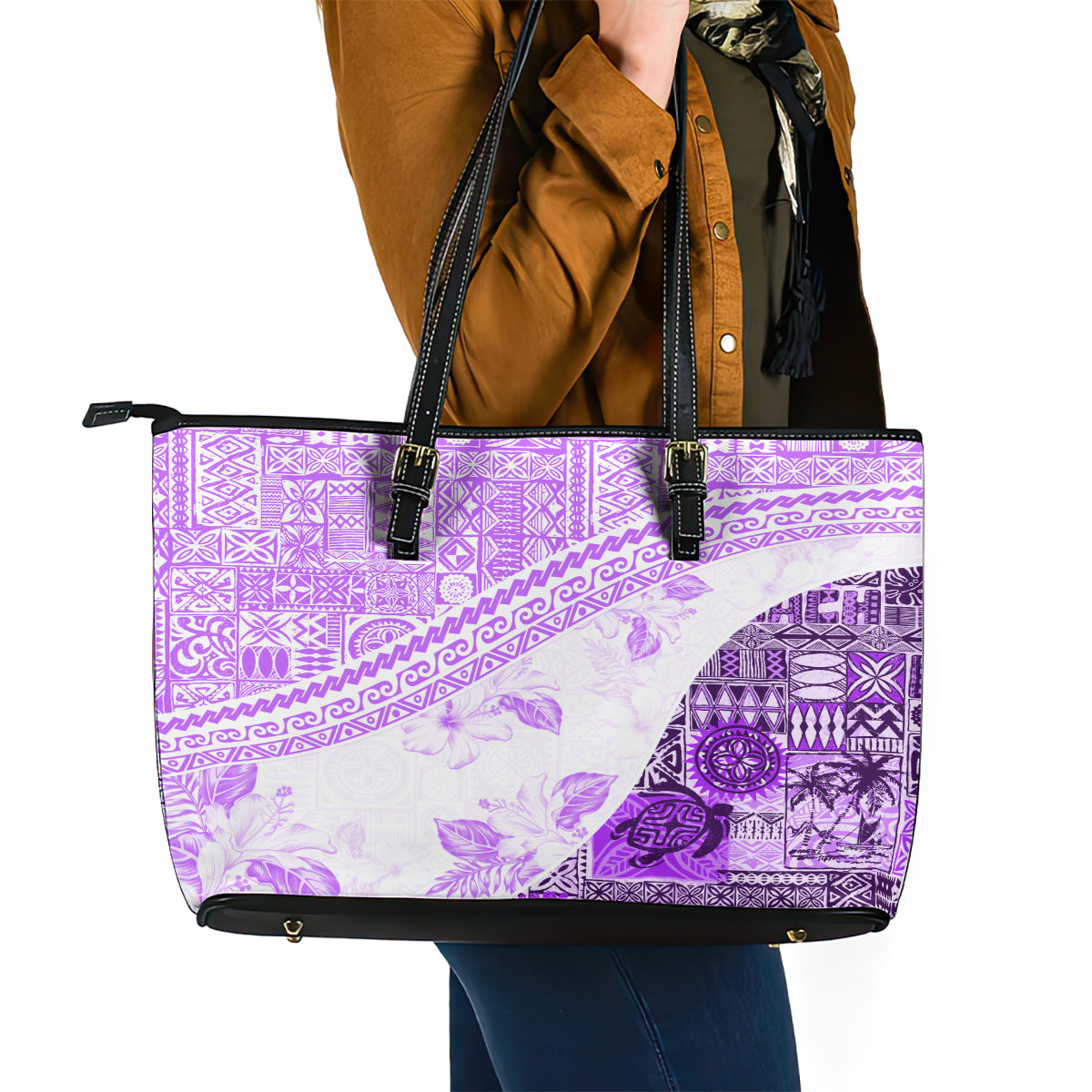 Hawaiian Tapa Leather Tote Bag Traditional Vintage Pattern Violet LT05 - Polynesian Pride