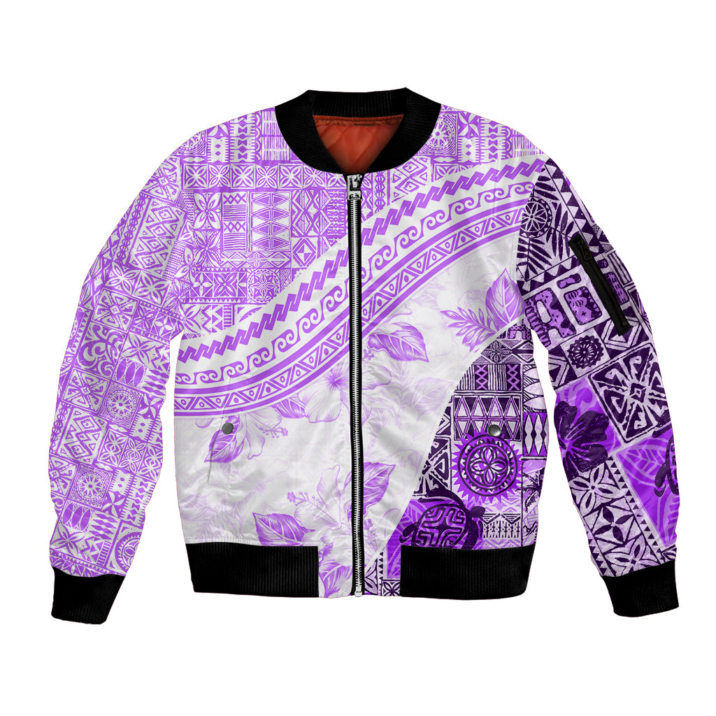 Hawaiian Tapa Sleeve Zip Bomber Jacket Traditional Vintage Pattern Violet LT05 Unisex Violet - Polynesian Pride