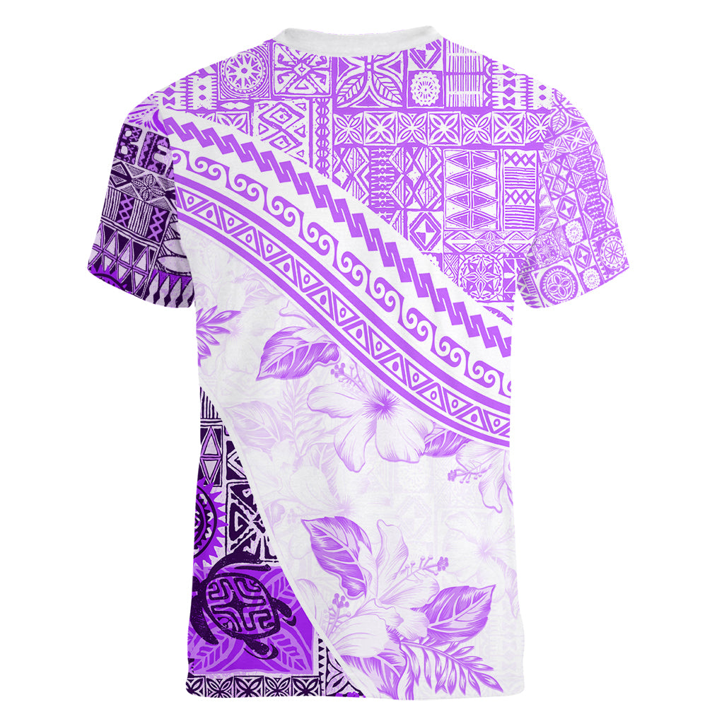 Hawaiian Tapa Women V Neck T Shirt Traditional Vintage Pattern Violet LT05 - Polynesian Pride