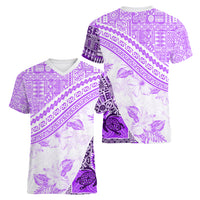 Hawaiian Tapa Women V Neck T Shirt Traditional Vintage Pattern Violet LT05 - Polynesian Pride