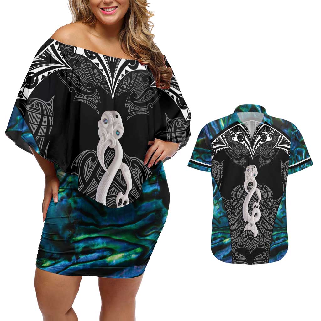 New Zealand Aotearoa Couples Matching Off Shoulder Short Dress and Hawaiian Shirt Maori Taniwha Paua Shell