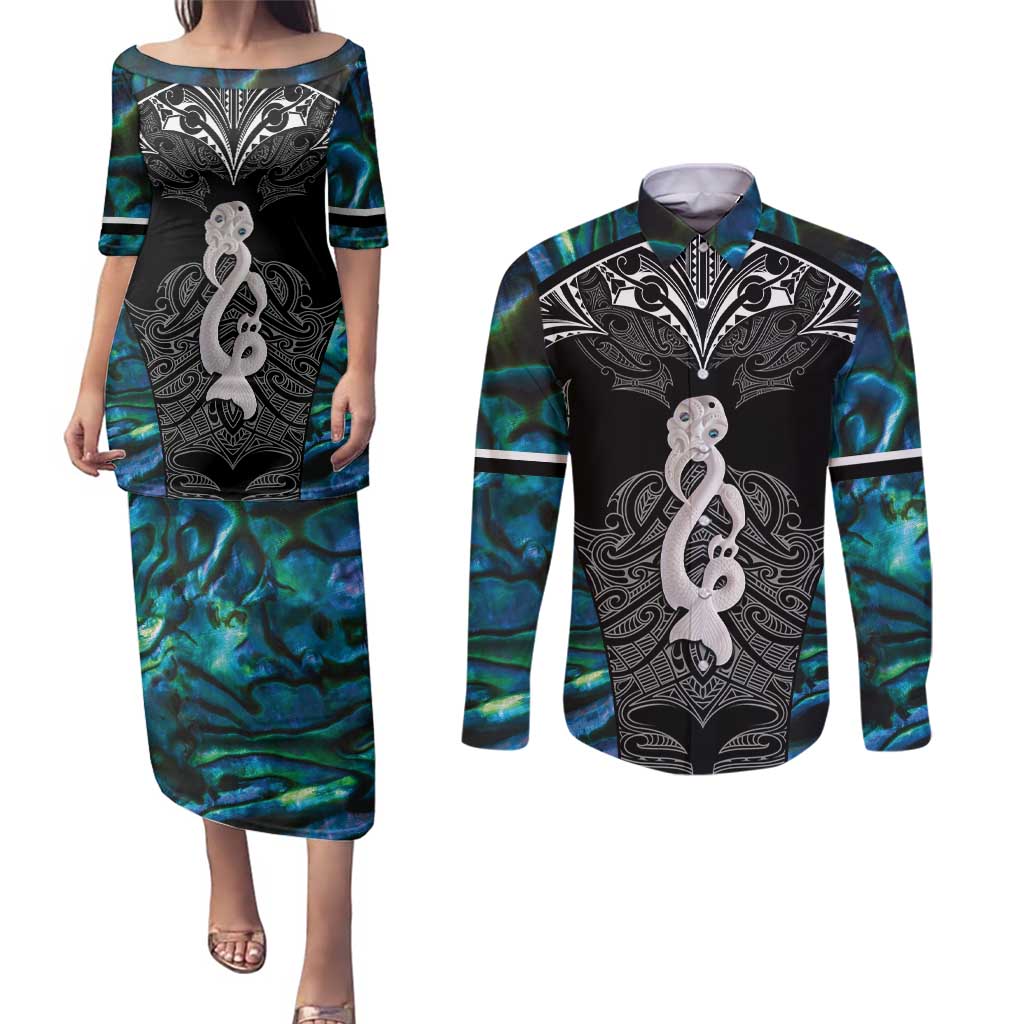 New Zealand Aotearoa Couples Matching Puletasi and Long Sleeve Button Shirt Maori Taniwha Paua Shell