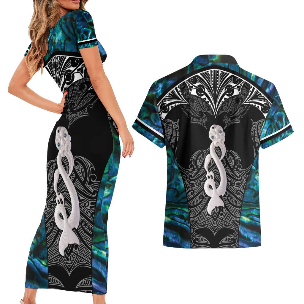 New Zealand Aotearoa Couples Matching Short Sleeve Bodycon Dress and Hawaiian Shirt Maori Taniwha Paua Shell