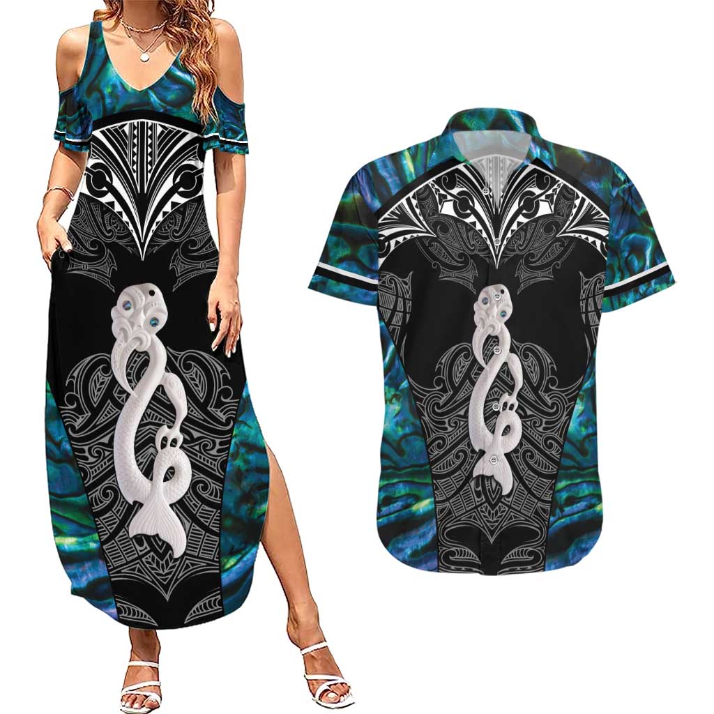 New Zealand Aotearoa Couples Matching Summer Maxi Dress and Hawaiian Shirt Maori Taniwha Paua Shell