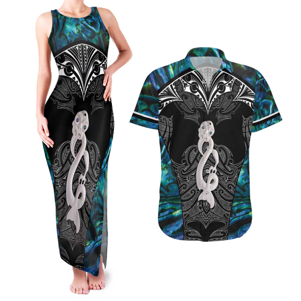 New Zealand Aotearoa Couples Matching Tank Maxi Dress and Hawaiian Shirt Maori Taniwha Paua Shell