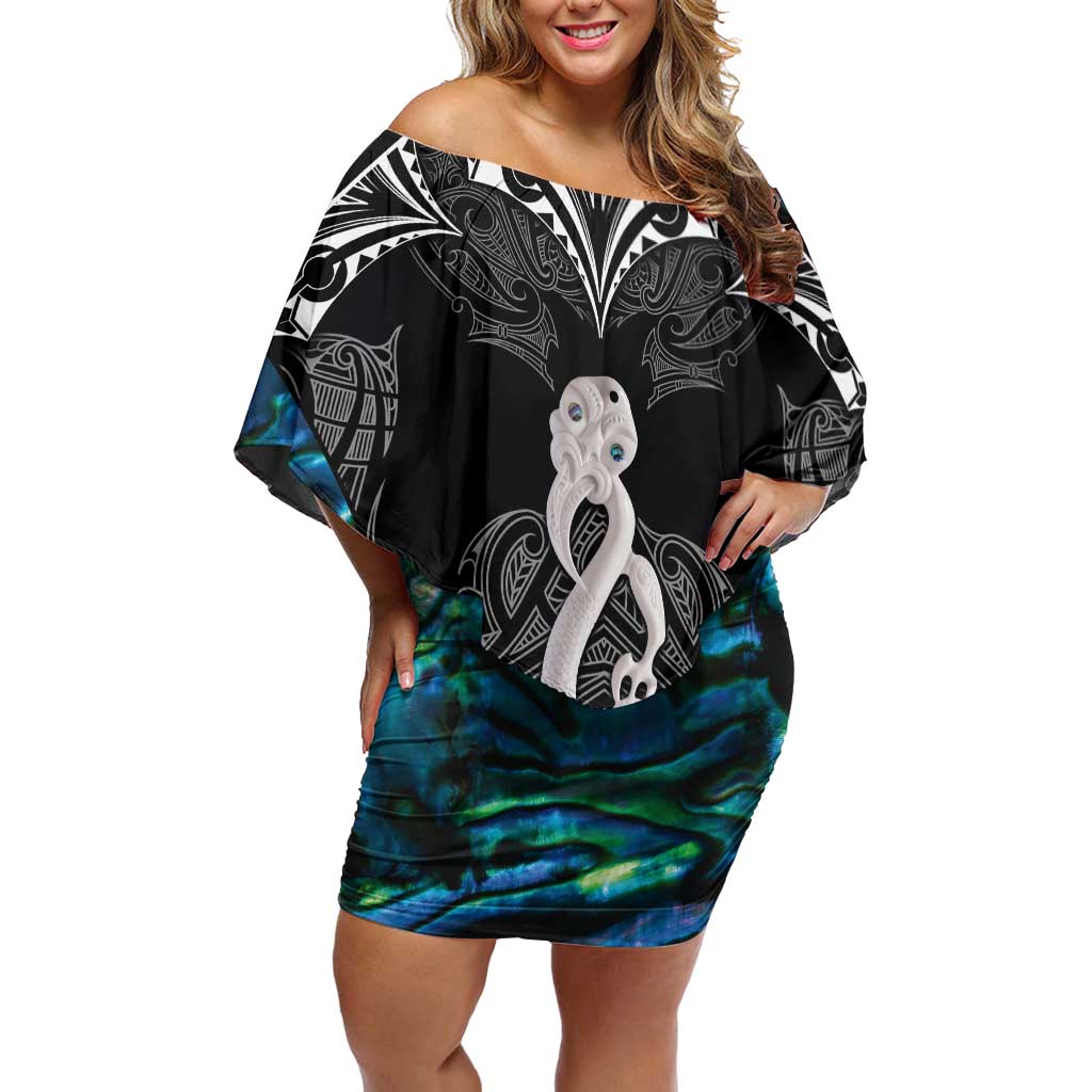 New Zealand Aotearoa Off Shoulder Short Dress Maori Taniwha Paua Shell LT05 Women Black - Polynesian Pride