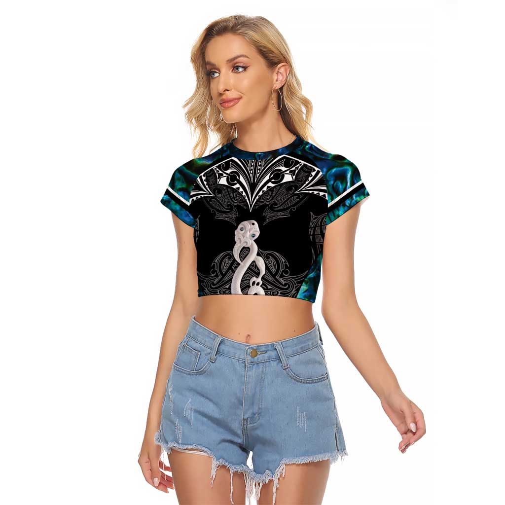 New Zealand Aotearoa Raglan Cropped T Shirt Maori Taniwha Paua Shell