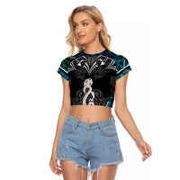 New Zealand Aotearoa Raglan Cropped T Shirt Maori Taniwha Paua Shell LT05 Female Black - Polynesian Pride