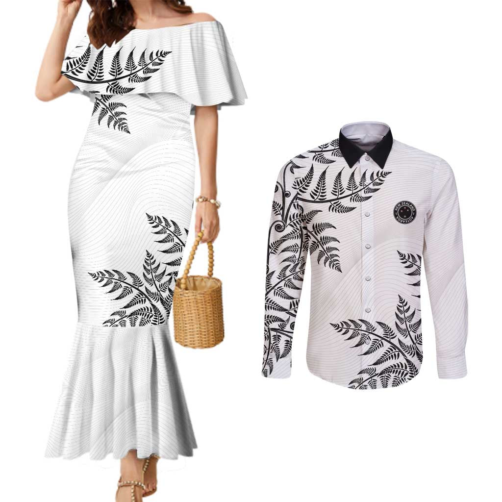 Custom New Zealand Football Couples Matching Mermaid Dress and Long Sleeve Button Shirt Aotearoa Pride LT05 White - Polynesian Pride