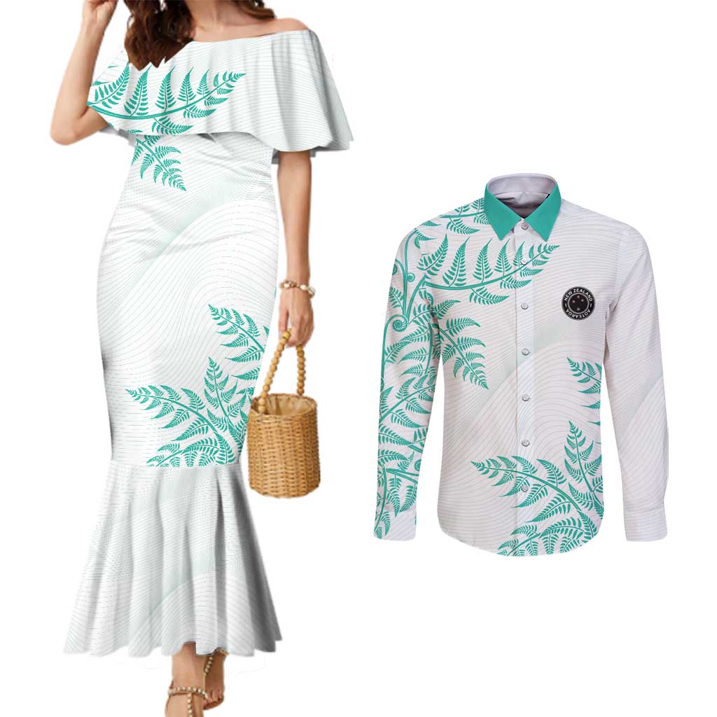 Custom New Zealand Football Couples Matching Mermaid Dress and Long Sleeve Button Shirt Aotearoa Pride Aqua Version LT05 Aqua - Polynesian Pride