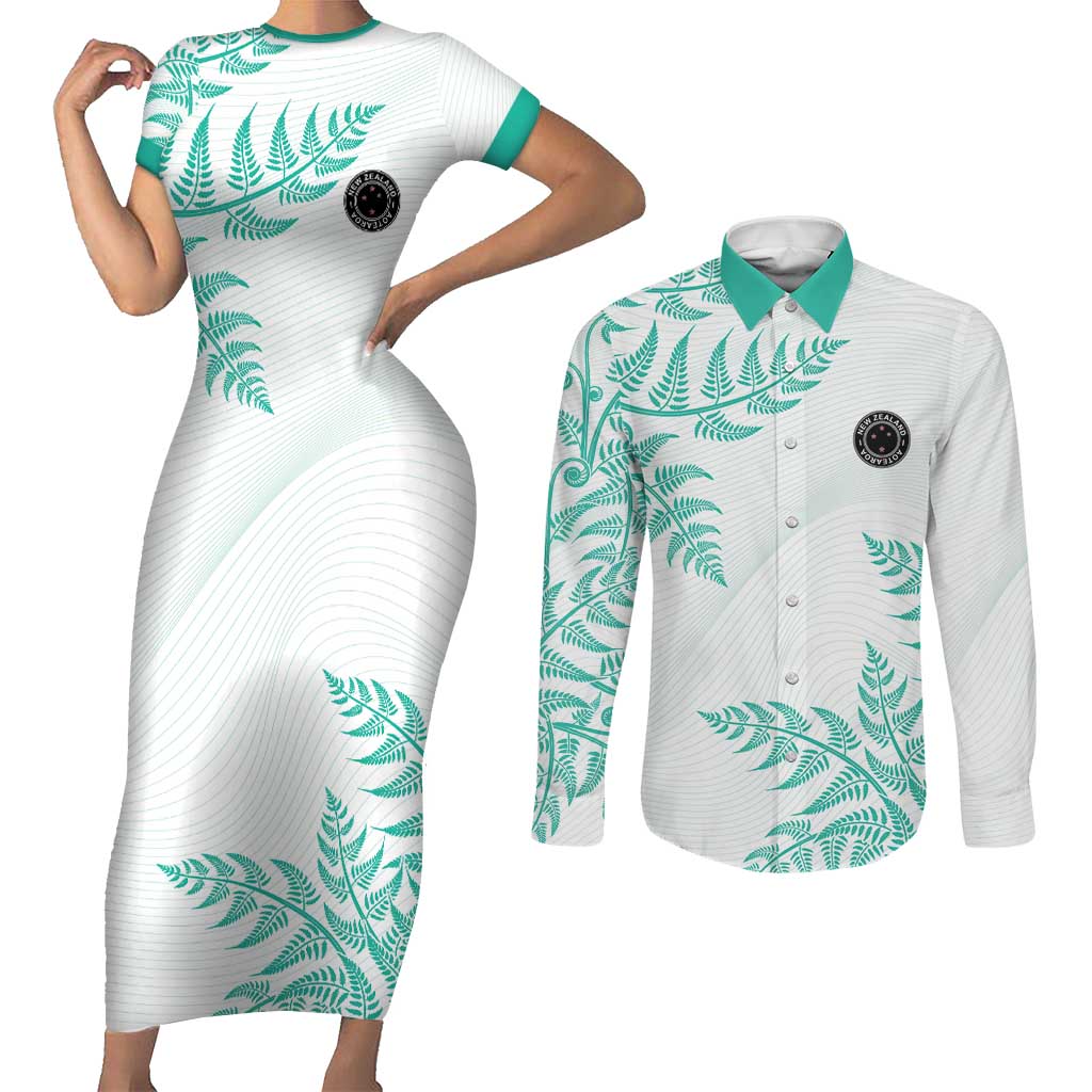 Custom New Zealand Football Couples Matching Short Sleeve Bodycon Dress and Long Sleeve Button Shirt Aotearoa Pride Aqua Version - Polynesian Pride