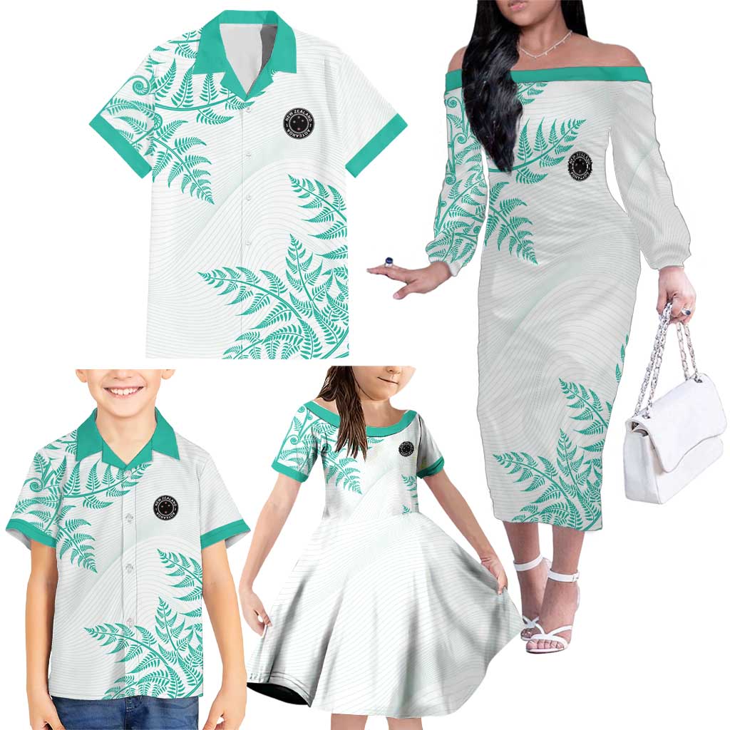 Custom New Zealand Football Family Matching Off The Shoulder Long Sleeve Dress and Hawaiian Shirt Aotearoa Pride Aqua Version - Polynesian Pride