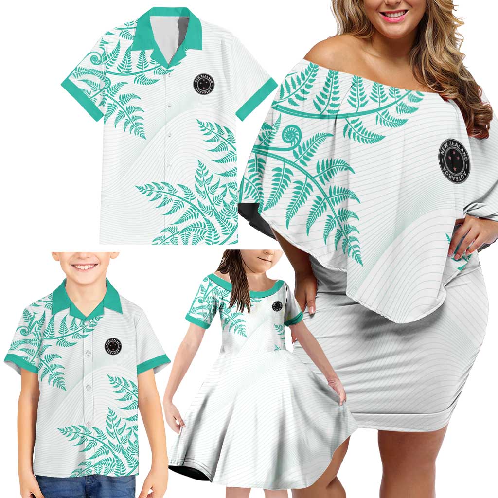 Custom New Zealand Football Family Matching Off Shoulder Short Dress and Hawaiian Shirt Aotearoa Pride Aqua Version - Polynesian Pride