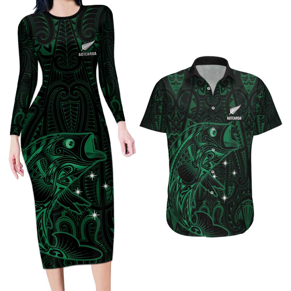 Custom New Zealand Fishing Couples Matching Long Sleeve Bodycon Dress and Hawaiian Shirt Maori Tribal Pattern - Polynesian Pride