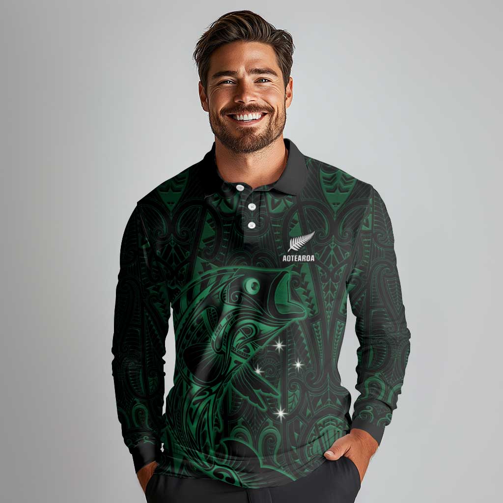 Custom New Zealand Fishing Long Sleeve Polo Shirt Maori Tribal Pattern - Polynesian Pride