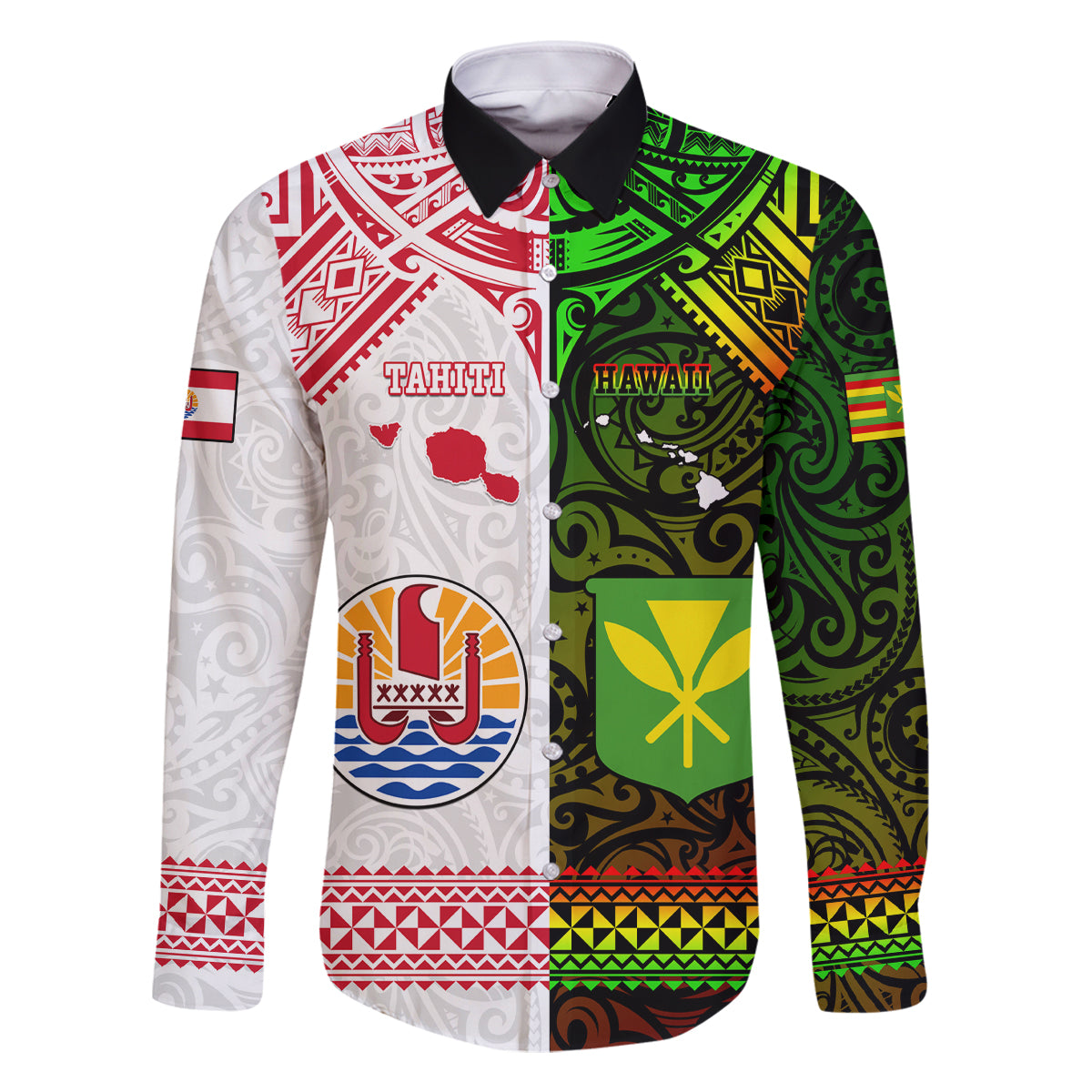Custom Hawaii And Tahiti Family Matching Mermaid Dress and Hawaiian Shirt Coat Of Arms Polynesian Pattern LT05 Dad's Shirt - Long Sleeve Reggae - Polynesian Pride