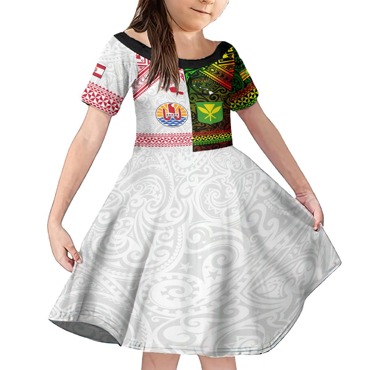 Custom Hawaii And Tahiti Family Matching Off Shoulder Long Sleeve Dress and Hawaiian Shirt Coat Of Arms Polynesian Pattern LT05 Daughter's Dress Reggae - Polynesian Pride
