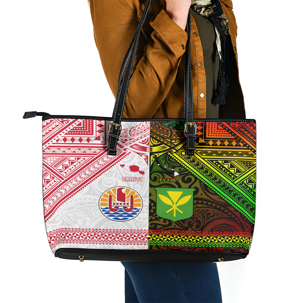 Hawaii And Tahiti Leather Tote Bag Coat Of Arms Polynesian Pattern LT05 - Polynesian Pride