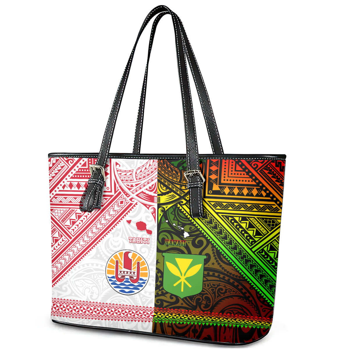 Hawaii And Tahiti Leather Tote Bag Coat Of Arms Polynesian Pattern LT05 - Polynesian Pride
