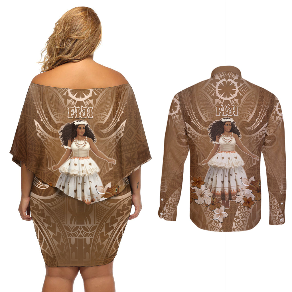 Bula Fiji Women's Day Couples Matching Off Shoulder Short Dress and Long Sleeve Button Shirt With Fijian Tapa Pattern LT05 - Polynesian Pride