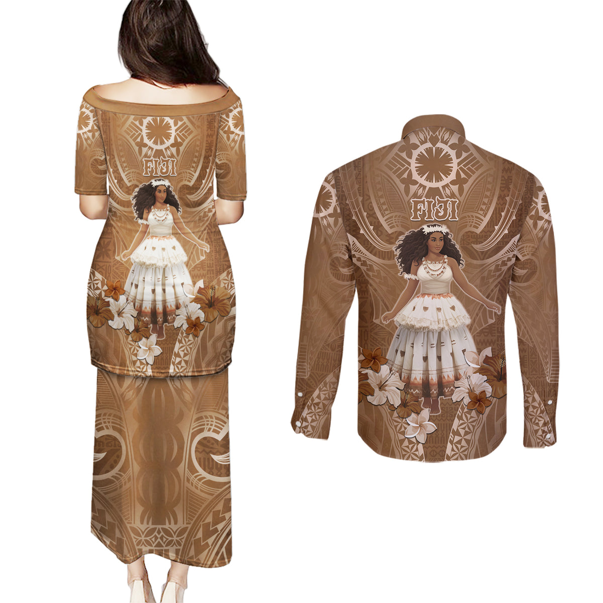 Bula Fiji Women's Day Couples Matching Puletasi and Long Sleeve Button Shirt With Fijian Tapa Pattern LT05 - Polynesian Pride