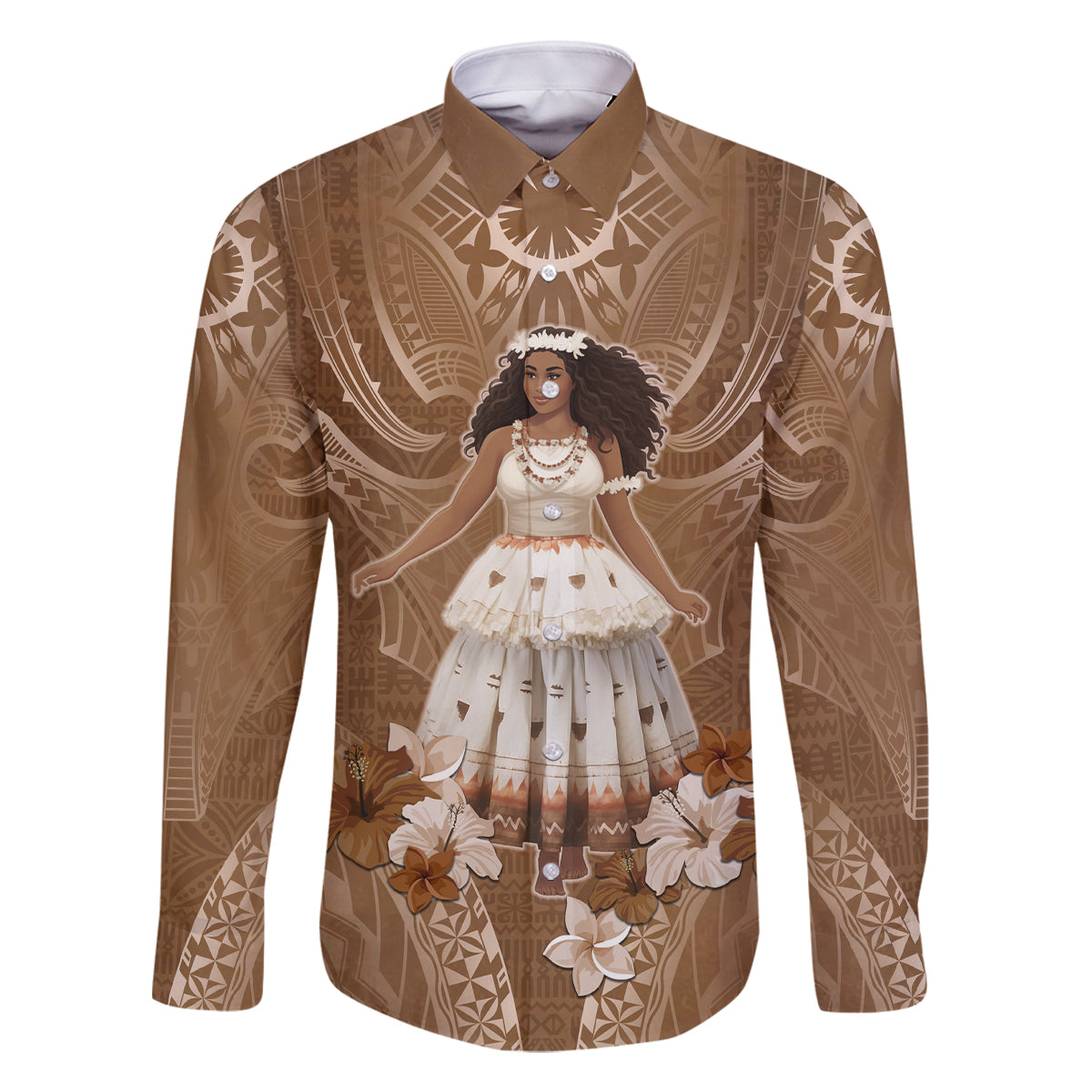 Bula Fiji Women's Day Family Matching Mermaid Dress and Hawaiian Shirt With Fijian Tapa Pattern LT05 Dad's Shirt - Long Sleeve Brown - Polynesian Pride