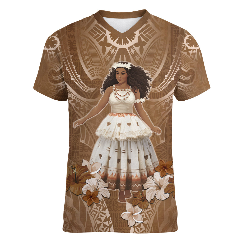 Bula Fiji Women's Day Women V Neck T Shirt With Fijian Tapa Pattern LT05 Female Brown - Polynesian Pride