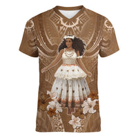 Bula Fiji Women's Day Women V Neck T Shirt With Fijian Tapa Pattern LT05 Female Brown - Polynesian Pride