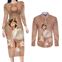 Hawaii Women's Day Couples Matching Long Sleeve Bodycon Dress and Long Sleeve Button Shirt With Polynesian Pattern LT05 Brown - Polynesian Pride