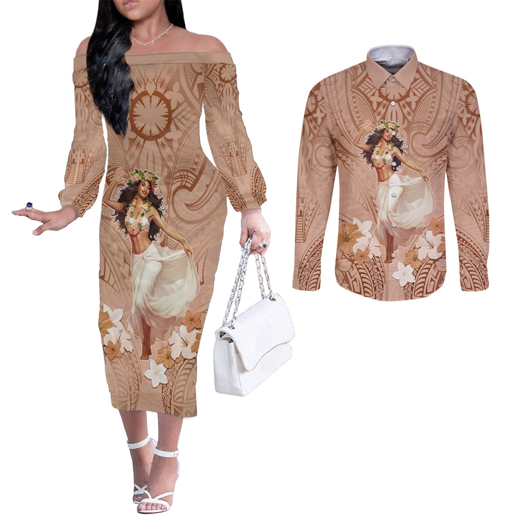 Hawaii Women's Day Couples Matching Off The Shoulder Long Sleeve Dress and Long Sleeve Button Shirt With Polynesian Pattern LT05 Brown - Polynesian Pride