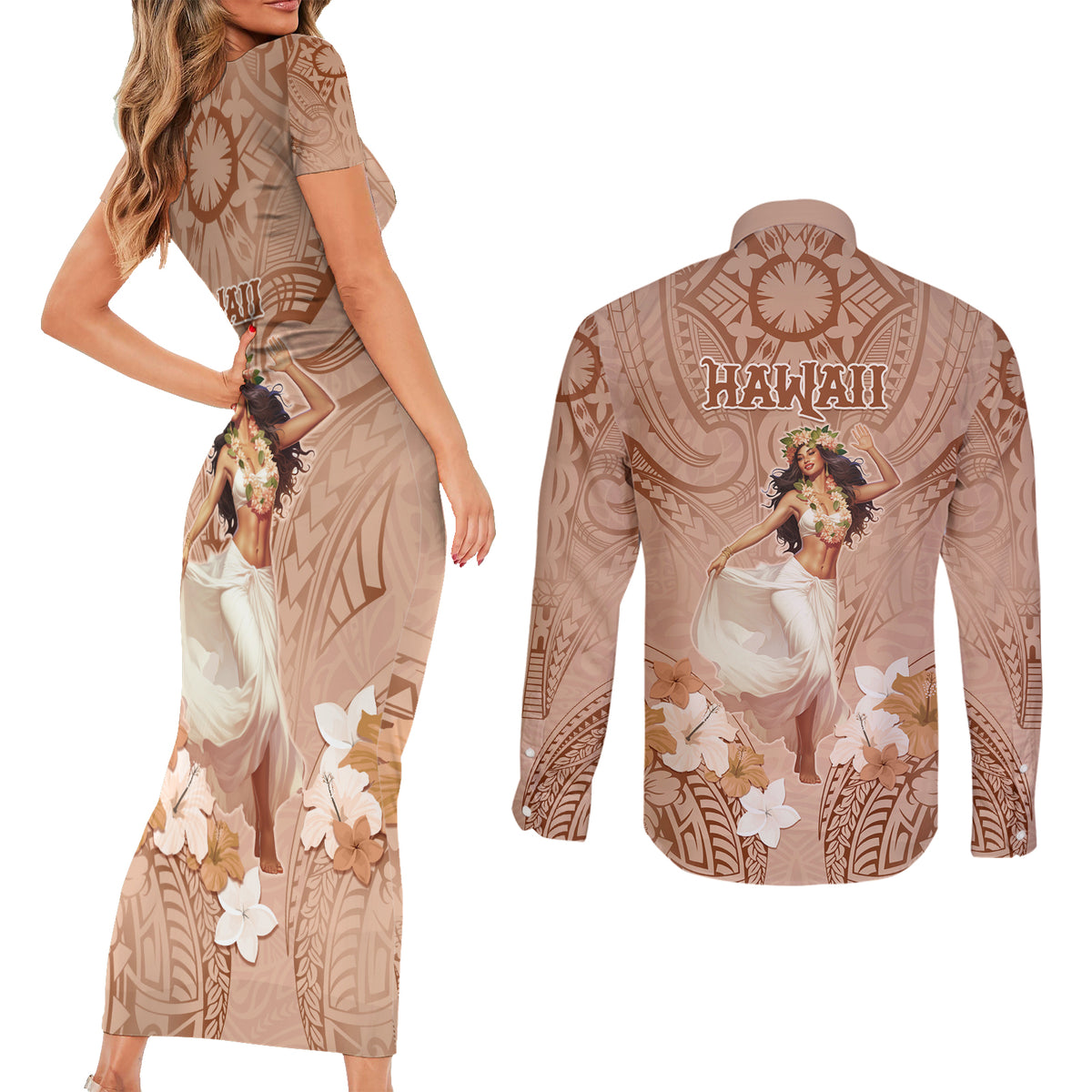 Hawaii Women's Day Couples Matching Short Sleeve Bodycon Dress and Long Sleeve Button Shirt With Polynesian Pattern LT05 - Polynesian Pride