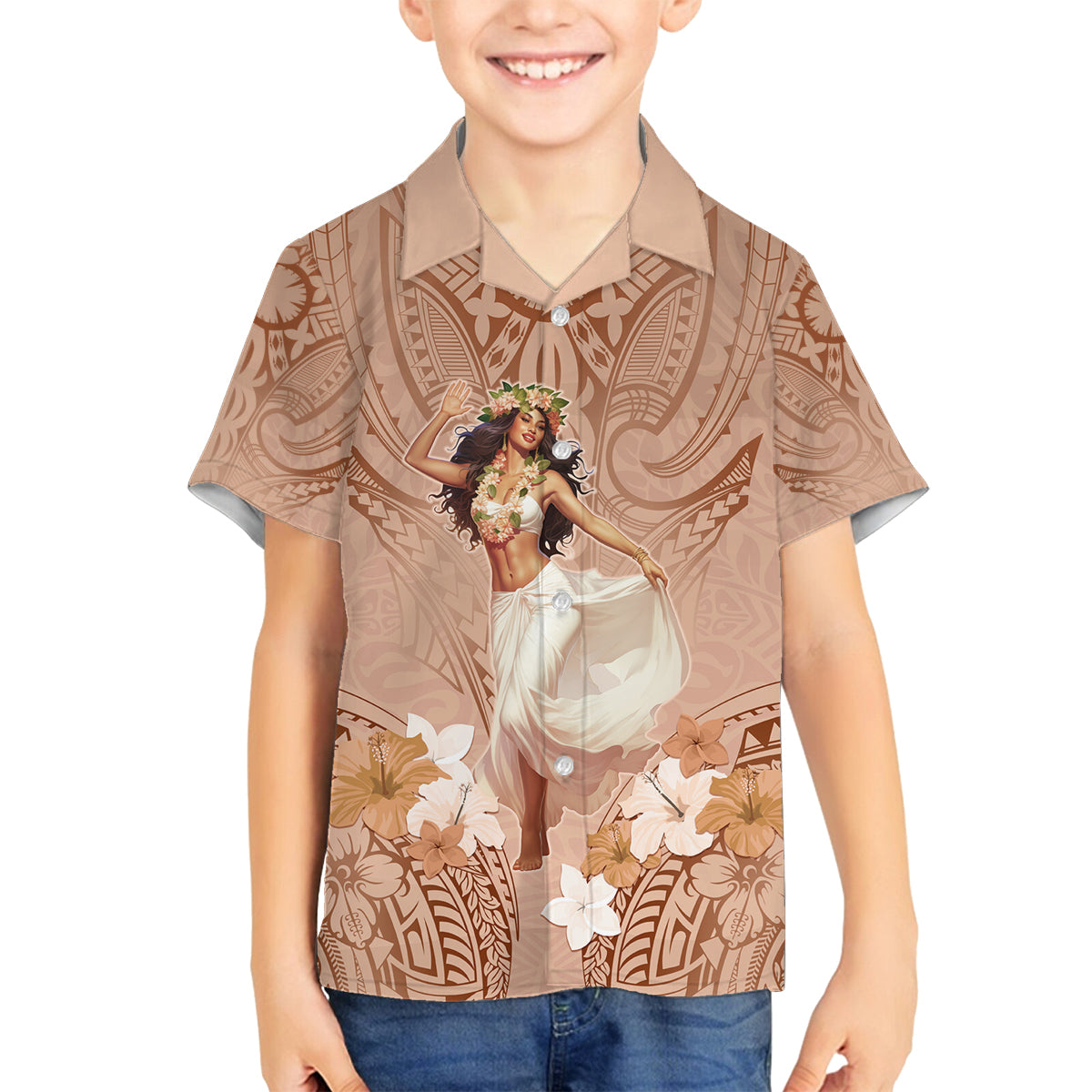 Hawaii Women's Day Family Matching Off Shoulder Short Dress and Hawaiian Shirt With Polynesian Pattern LT05 Son's Shirt Brown - Polynesian Pride