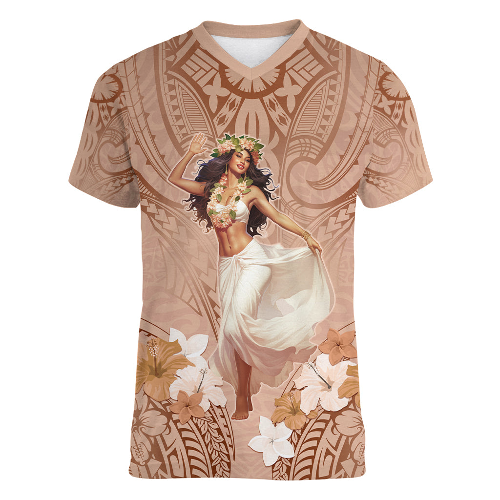 Hawaii Women's Day Women V Neck T Shirt With Polynesian Pattern LT05 Female Brown - Polynesian Pride