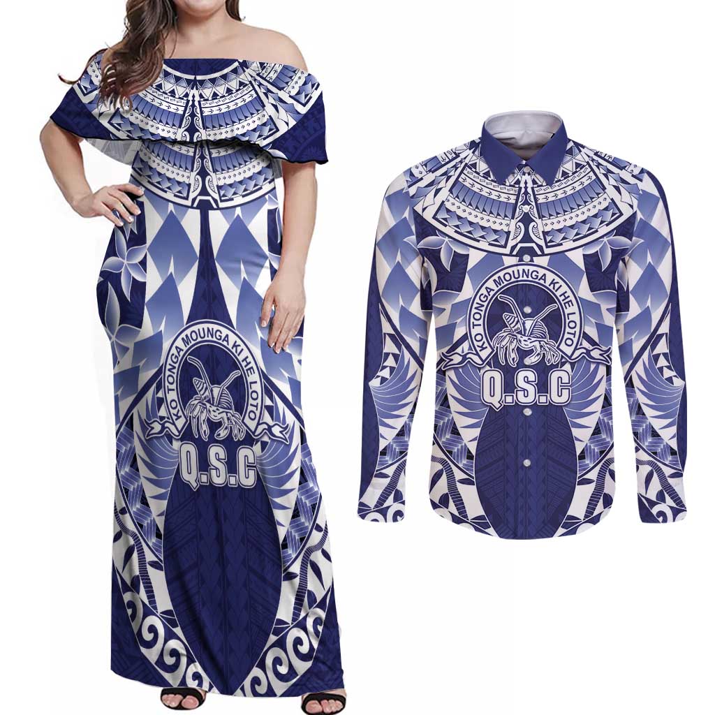 Personalised Tonga Queen Salote College Couples Matching Off Shoulder Maxi Dress and Long Sleeve Button Shirt Centenary Navy Version LT05 Navy - Polynesian Pride
