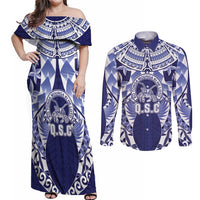 Personalised Tonga Queen Salote College Couples Matching Off Shoulder Maxi Dress and Long Sleeve Button Shirt Centenary Navy Version LT05 Navy - Polynesian Pride