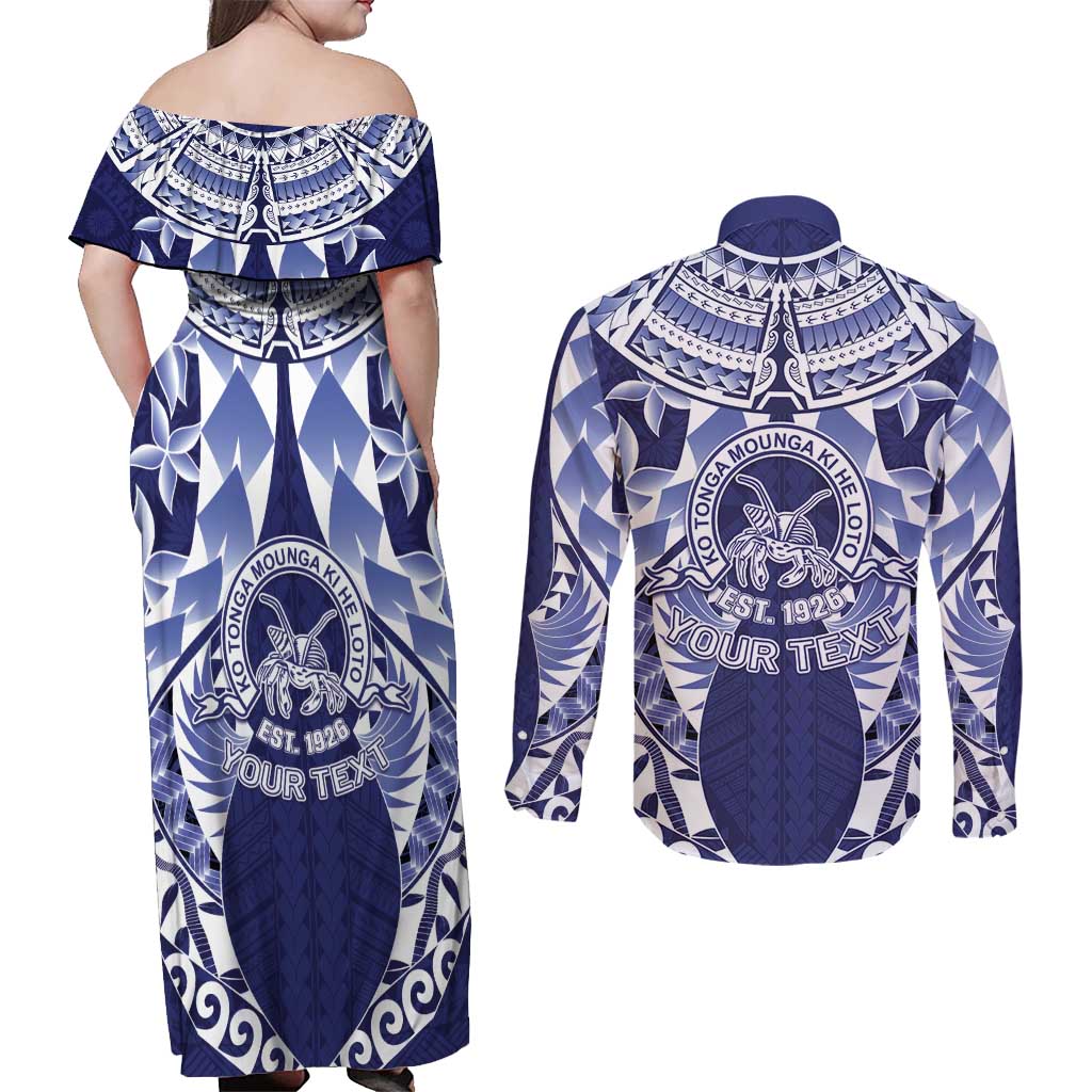 Personalised Tonga Queen Salote College Couples Matching Off Shoulder Maxi Dress and Long Sleeve Button Shirt Centenary Navy Version LT05 - Polynesian Pride