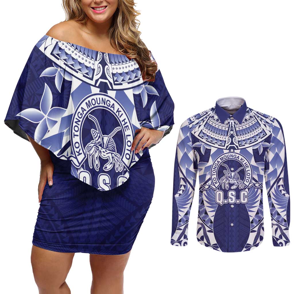 Personalised Tonga Queen Salote College Couples Matching Off Shoulder Short Dress and Long Sleeve Button Shirt Centenary Navy Version